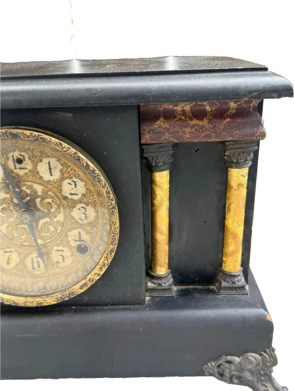 Antique Sessions Black Mantel Clock Ornate Gold Columns Gong Pendulum 16.75”
